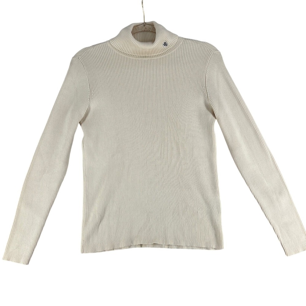 Lauren Ralph Lauren Cream Ribbed Minimalist Turtleneck Sweater Preppy Logo Sz M